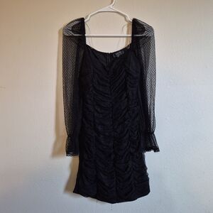Chic Black Ruched Dress with Sheer Sleeves